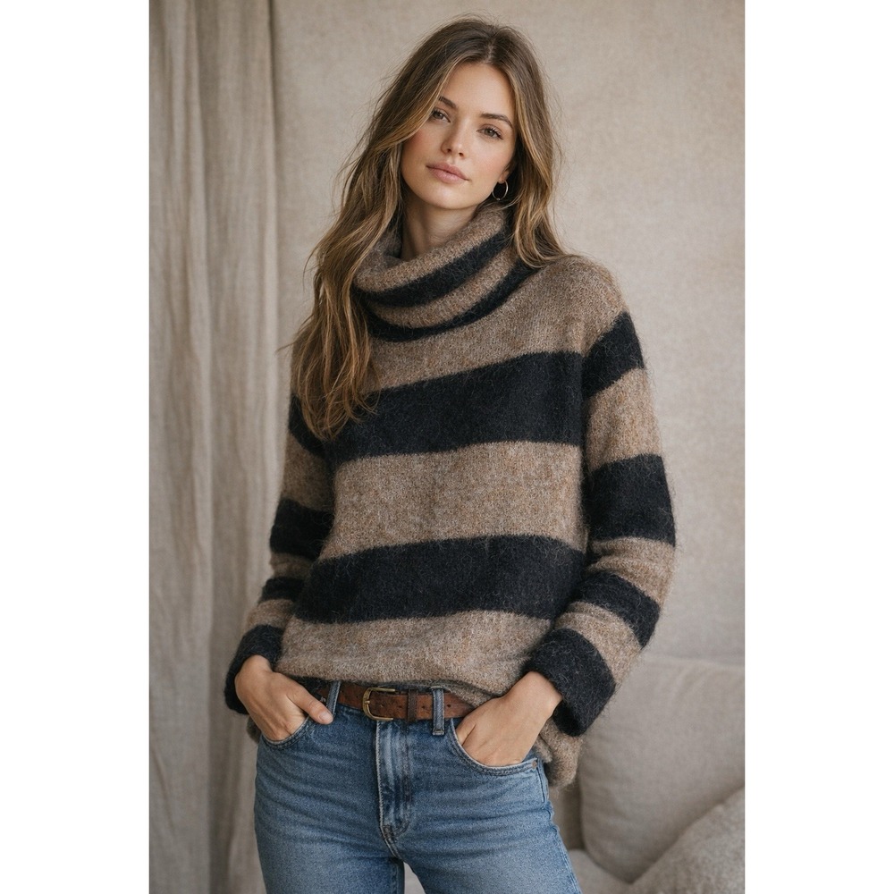Free People Alpaca Blend Striped Slouchy Turtleneck Sweater Brown Black Sz M - Picture 1 of 10
